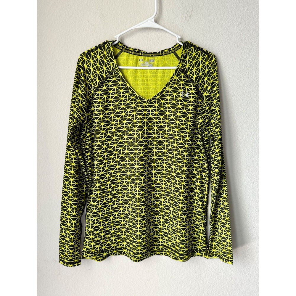 Under Armour HeatGear Long Sleeve Shirt Neon Yellow Black Geometric Womens Large